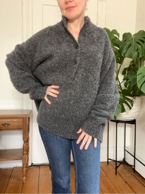 Jenni Kayne Bouclé Sweater L Gray Wool Blend Button Neck Cozy Minimalist